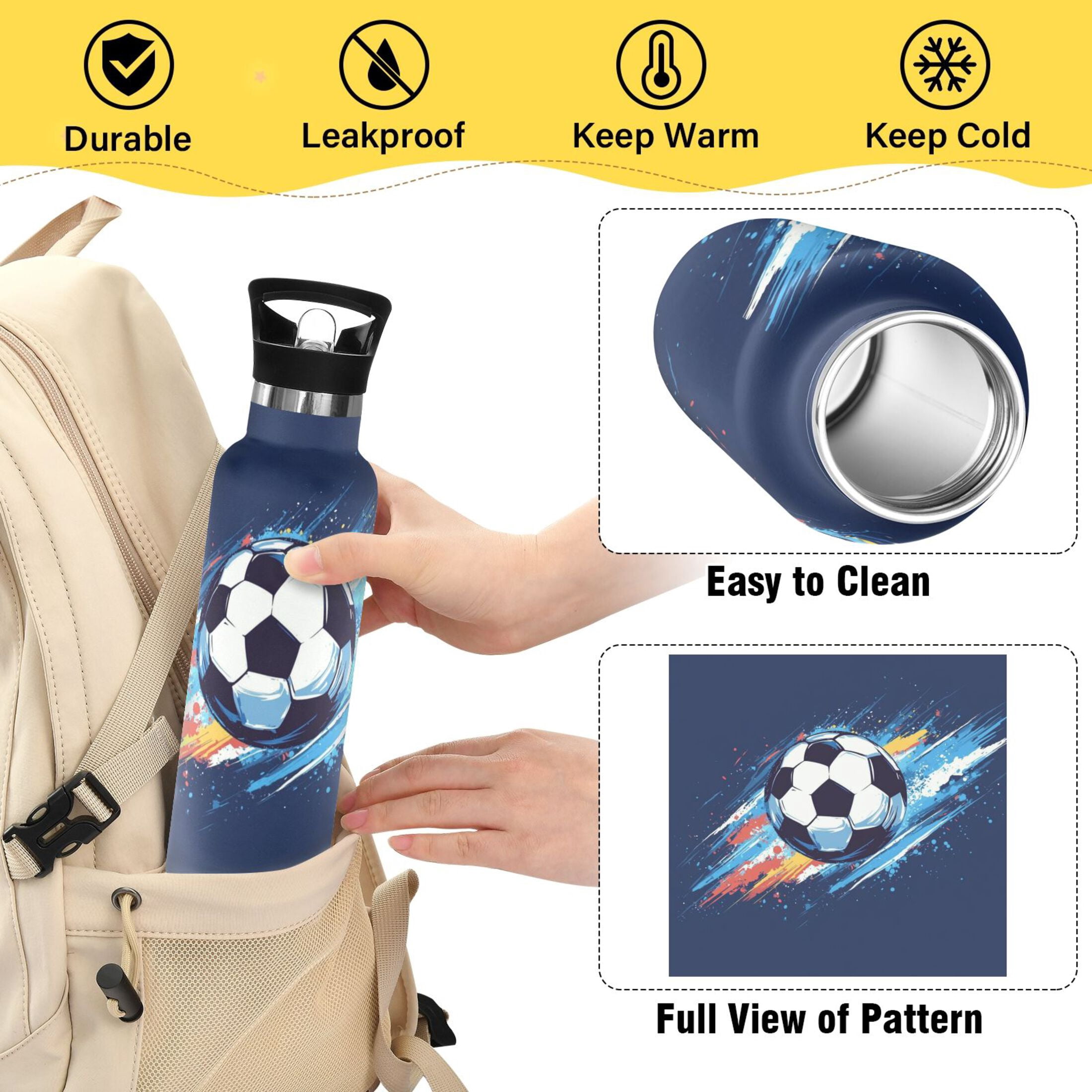 Kids Insulated Stainless Steel Sports Water Bottle 600ml (20oz) Soccer Ball in Space