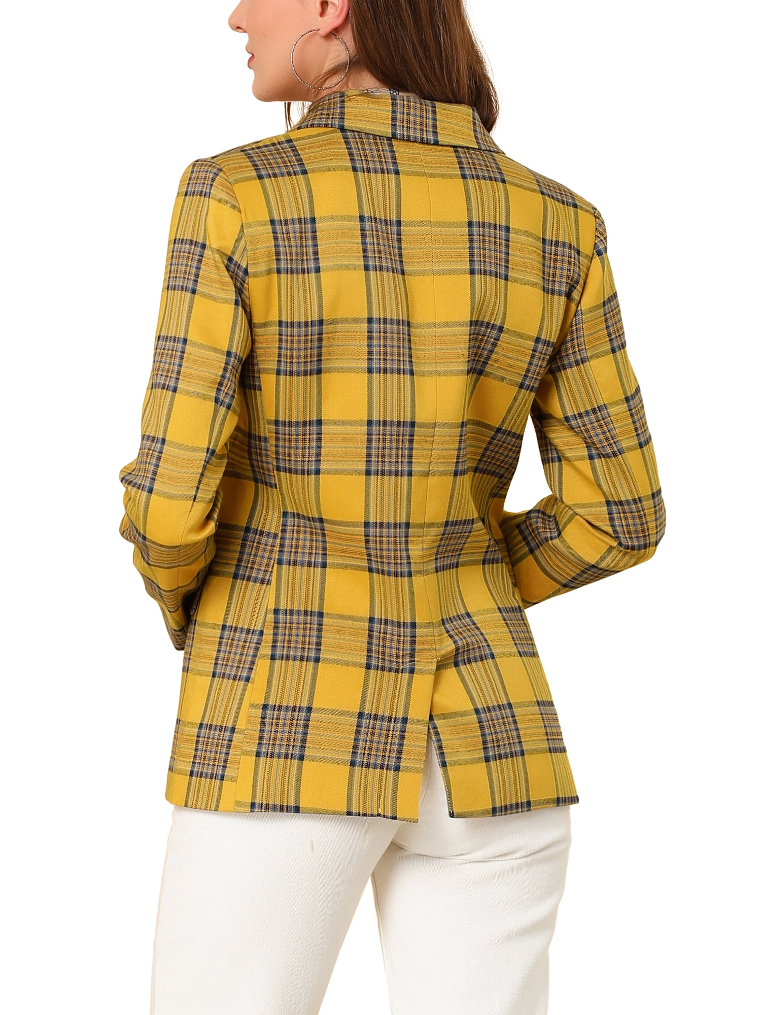 DARING DIVA Women's Plaid Notched Lapel Blazer Jacket M Yellow