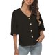 thumbnail image 1 of Camisas de lino para mujer, blusa con cuello en V y manga corta con botones en la parte delantera, color puro, versión suelta, negro L, 1 of 5