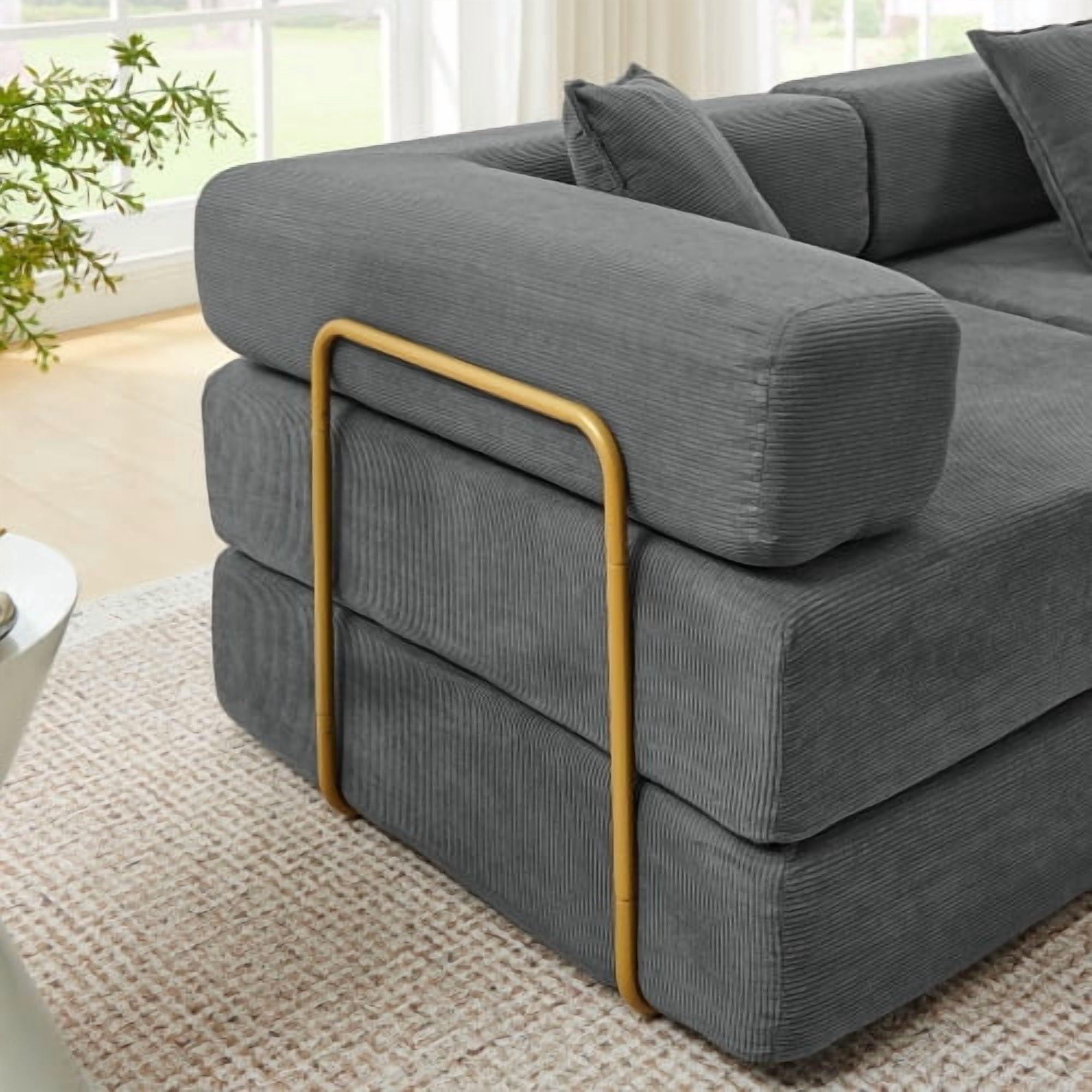 108" Modular Sectional Sofa with L-Shape Chaise, Convertible Sleeper Sofa Bed, Corduroy Cloud Couch with Deep Seat, No Assembly Required, Removable Backrest, Grey