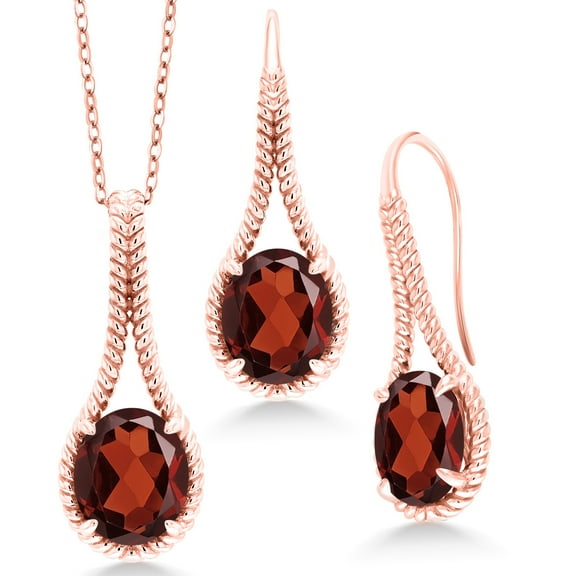 Gem Stone King 16.50 Ct Red Garnet 18K Rose Gold Plated Silver Pendant and Earrings Jewelry Set With Chain