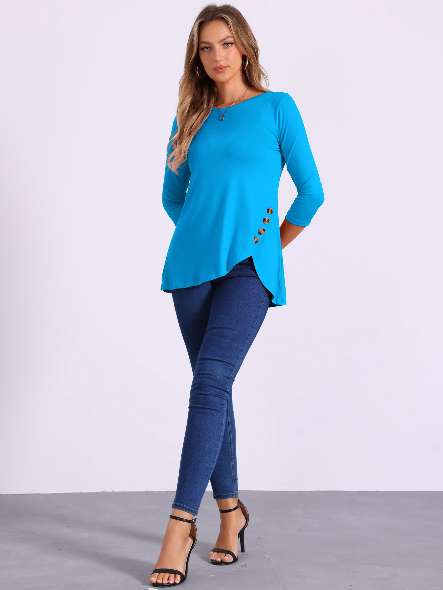 DARING DIVA Women's Casual Stretchy Tunic Asymmetric Hem Top S Blue