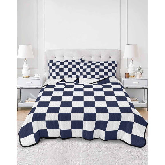 Quilts Queen Size, Navy Blue Checkered Soft Comforter Bedding Set for Bed, Geometric Buffalo Plaid Blue Lightweight Quilted Bedspread with Pillow Cover(2 Pieces) for All Season, 90x96 Inch