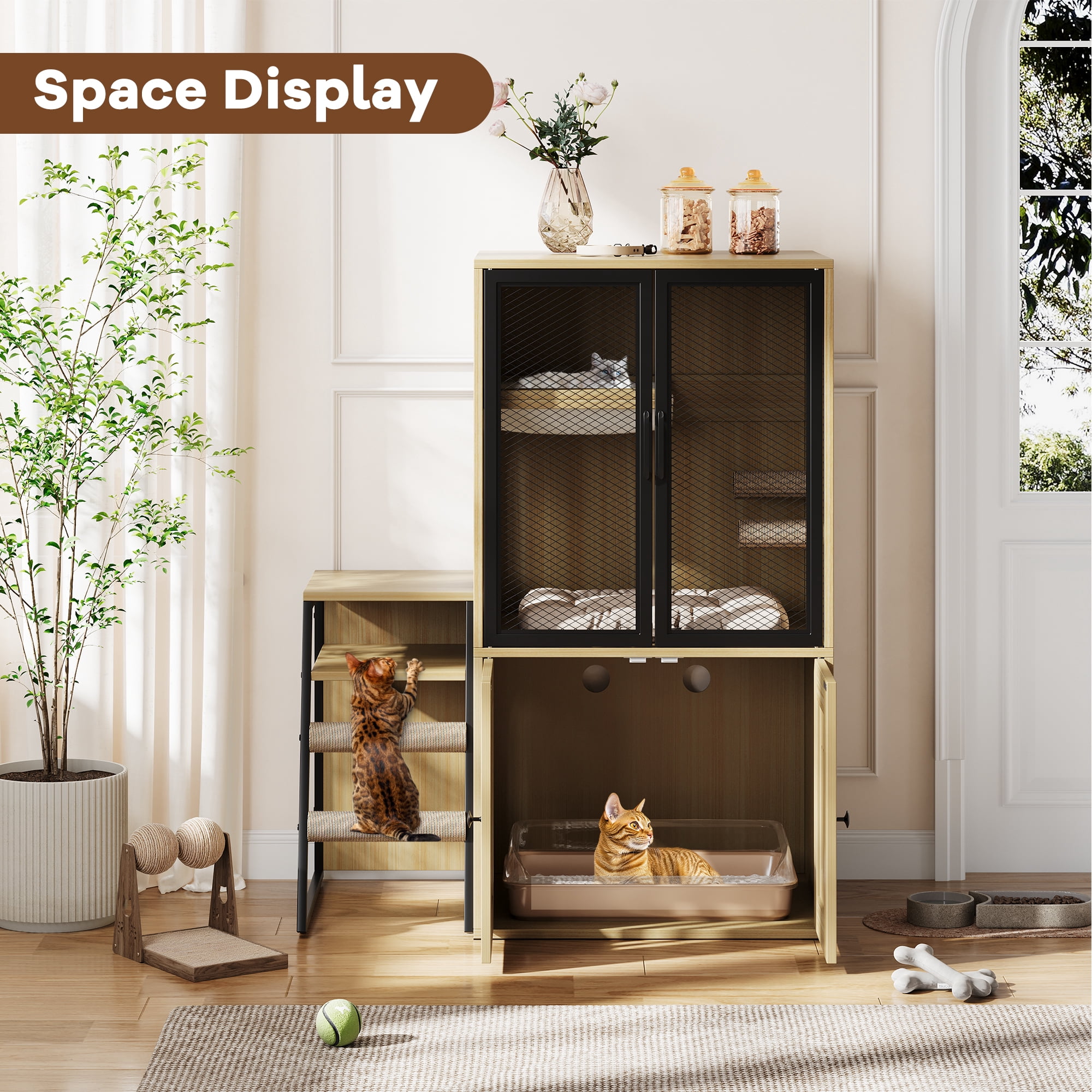 Roromall Cat Litter Box Enclosure for 2 Cats, Double Cat House with Doors & Storage Space, Enclosed Litter Box Furniture with Ladder
