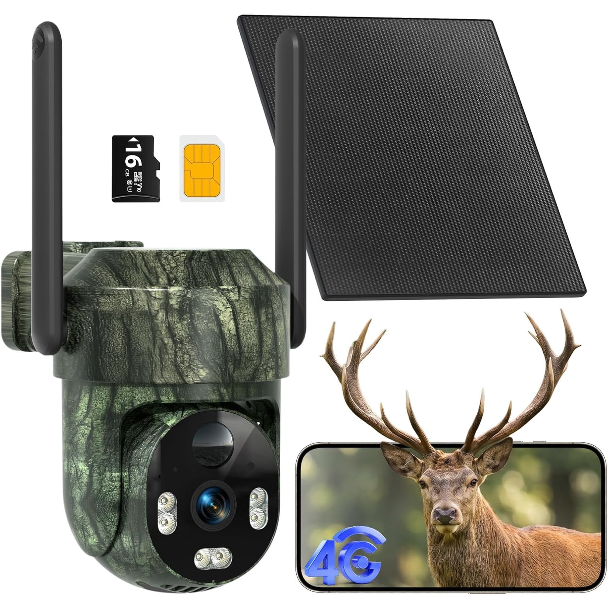 4G LTE Cellular Trail Camera 2K Wildlife Hunting Camera Solar Powered Game Camera 360° View Deer Camera PIR Motion Activation Color Night Vision IP66 No Supported WiFi