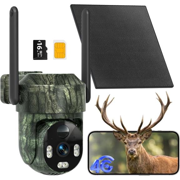 4G LTE Cellular Trail Camera, 2K Wildlife Hunting Camera, Solar Powered Game Camera, 360° View Deer Camera, PIR Motion Activation, Color Night Vision, IP66, No Supported WiFi