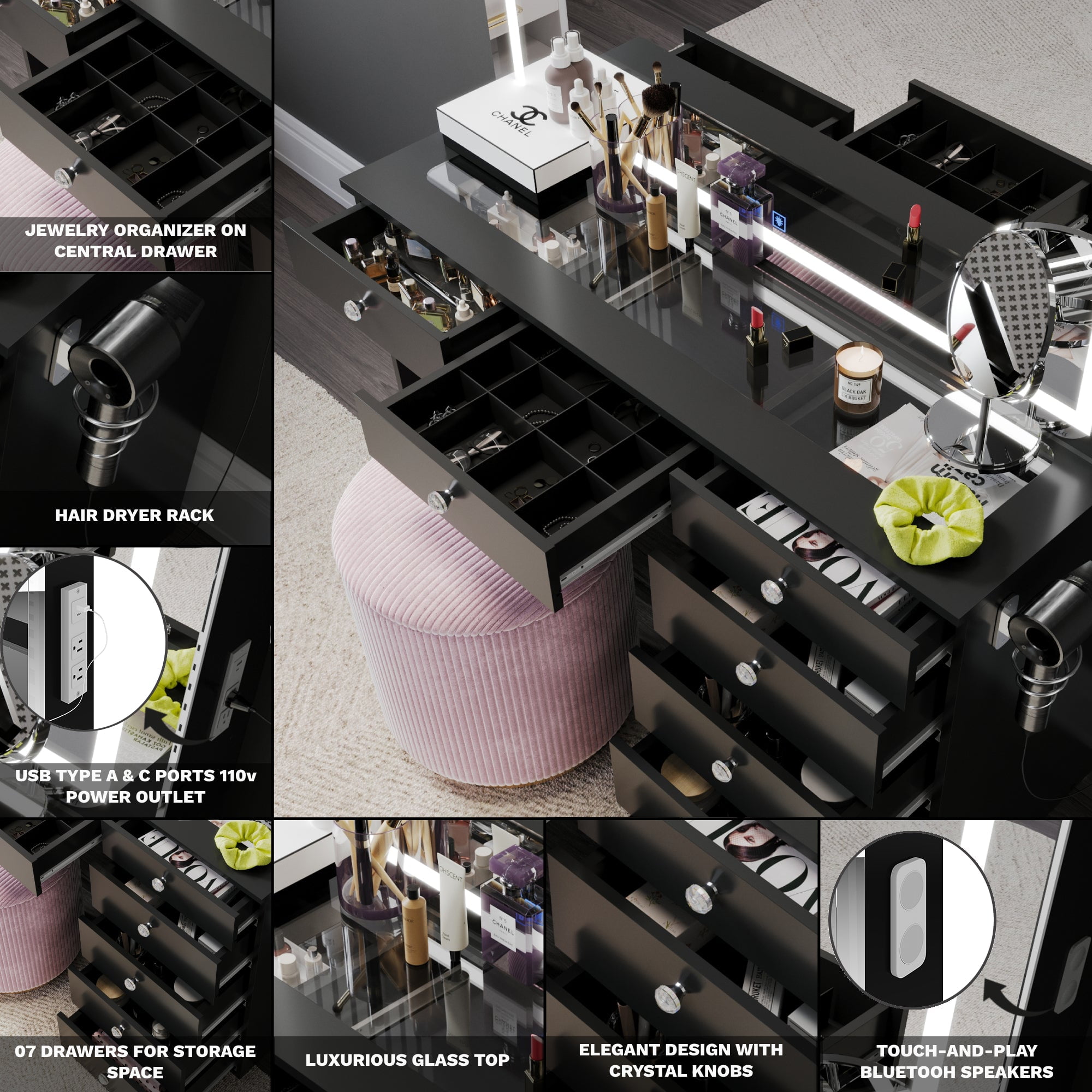 Boahaus Zoe Vanity Set with LED Mirror, Bluetooth Speakers & Large Storage, Black