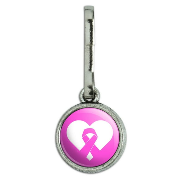 Breast Cancer Awareness Pink Ribbon in Heart Antiqued Charm Clothes Purse Suitcase Backpack Zipper Pull Aid