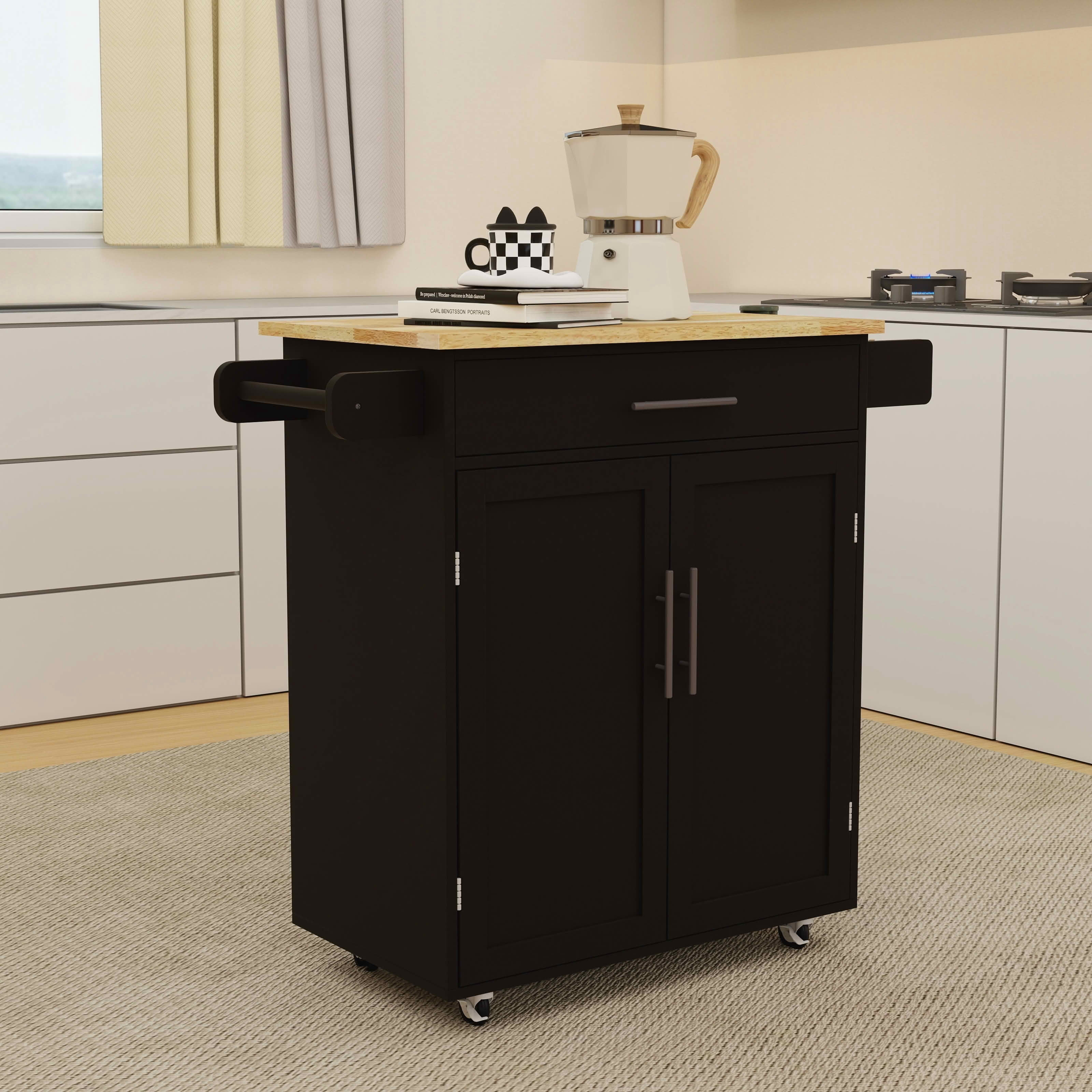 MAYEERTY Kitchen Island Rolling Trolley Cart, Rubber Wood Top with Drawer 2 Doors Adjustable Shelves Towel Rack Seasoning Rack Black