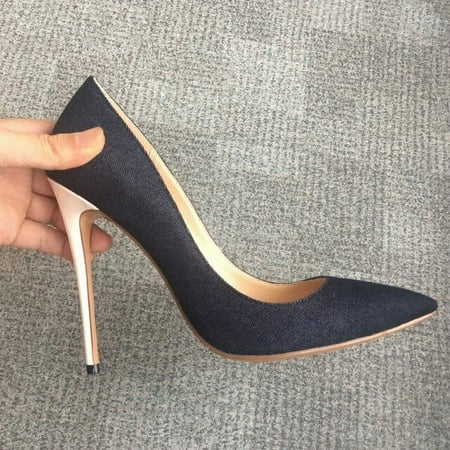

YCNYCHCHY Spring Pointed Toe Denim 12cm Thin High Heels Lady Pumps Slip On Sexy Hot Woman Party Classics Office Shoes Big Size Women