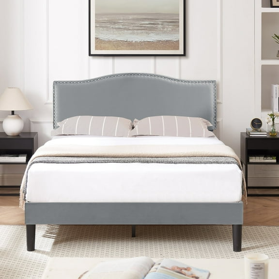 VECELO Queen Bed Frame, Nailhead Trim Upholstered Platform Bed with Adjustable Headboard, Wooden Slats Support/No Box Spring Needed, Dark Gray
