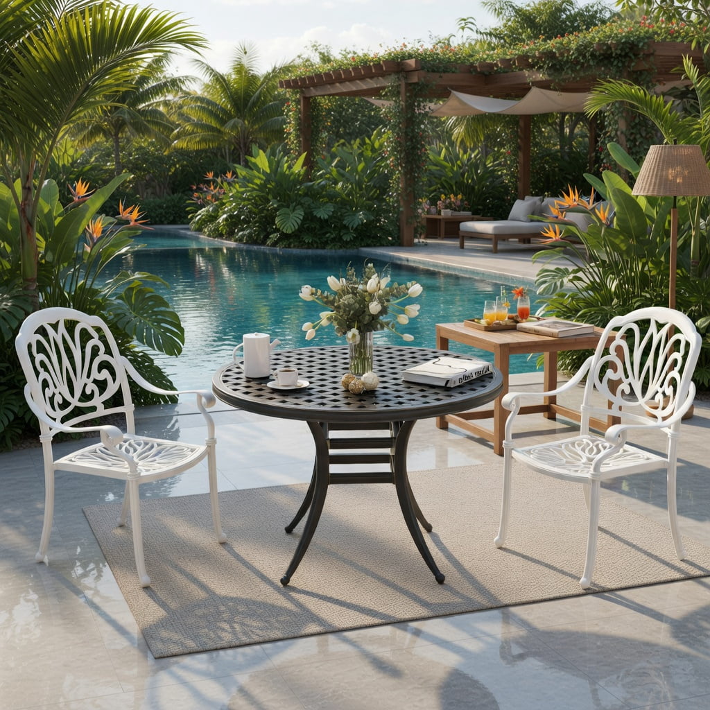 Hommoo 2-Pack Stackable Cast Aluminum Outdoor Dining Chairs with Armrests, All-Weather Patio Seating for Backyard, Garden & Porch, White