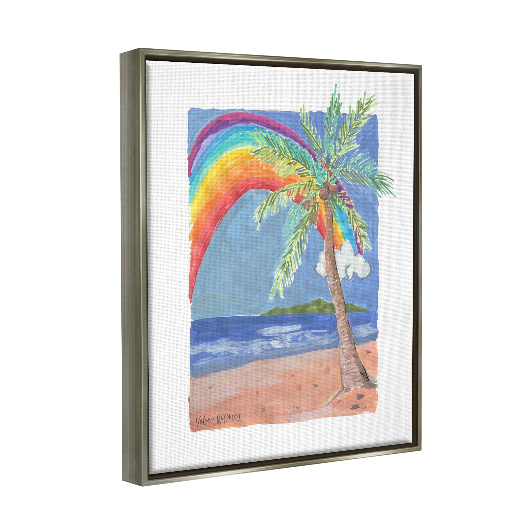 Stupell Industries Whimsical Rainbow Over Beach Tropical Palm Tree Painting Luster Gray Floating Framed Canvas Print Wall Art, Design by Valerie Wieners
