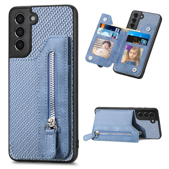 Feishell Case for Samsung Galaxy S21 6.2 inch,Fiber Grain PU Leather Back Wallet Case with Credit Card Slots & Zipper Pocket Shockproof Magnetic Buckle Flip Kickstand Phone Case,Blue