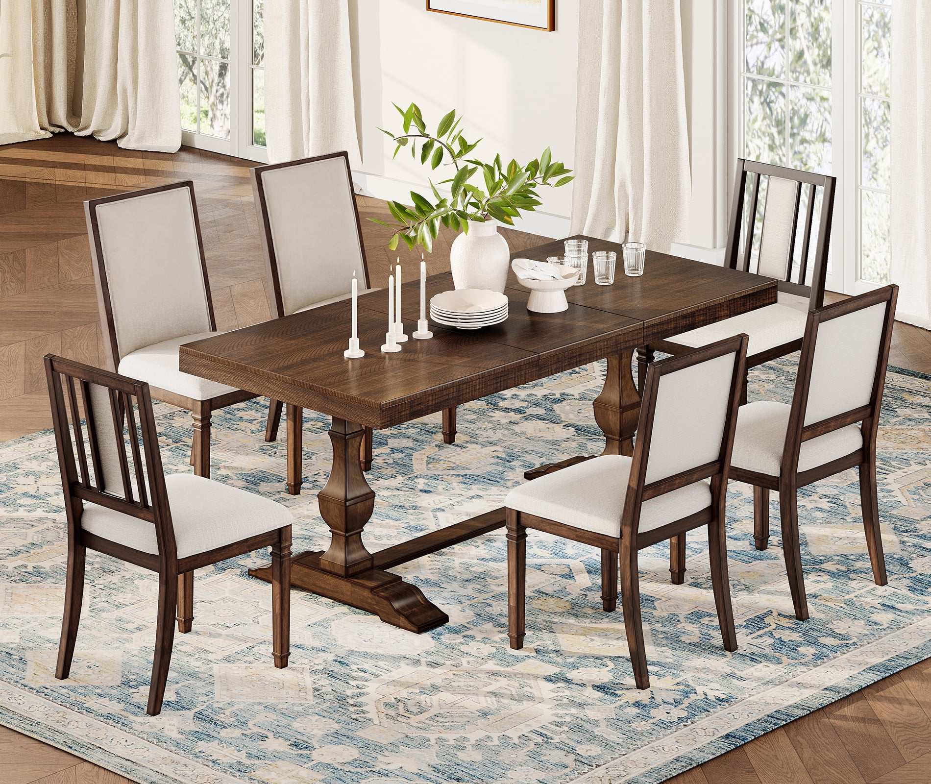 WAMPAT 7-pieces Farmhouse Dining Table Set,74.8" Kitchen Table with Chairs for 6-8,Solid Wood Legs and Upholstered Back for Dining Room & Living Room,Rustic Brown