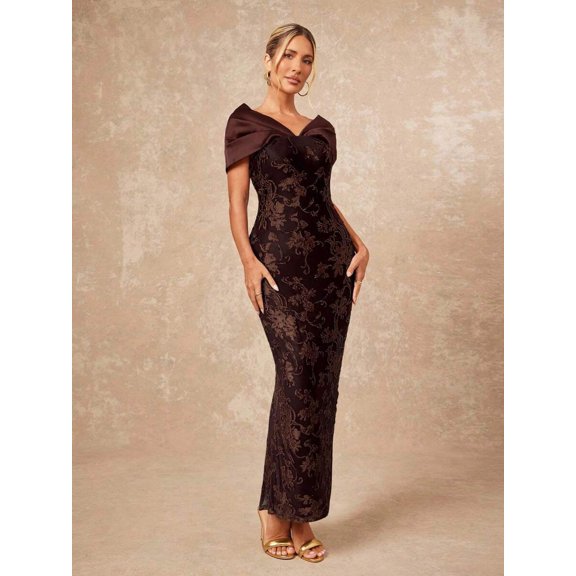 Chocolate Brown Velvet Floral Embroidered Bodycon Maxi Dress For Women Elegant Formal Evening