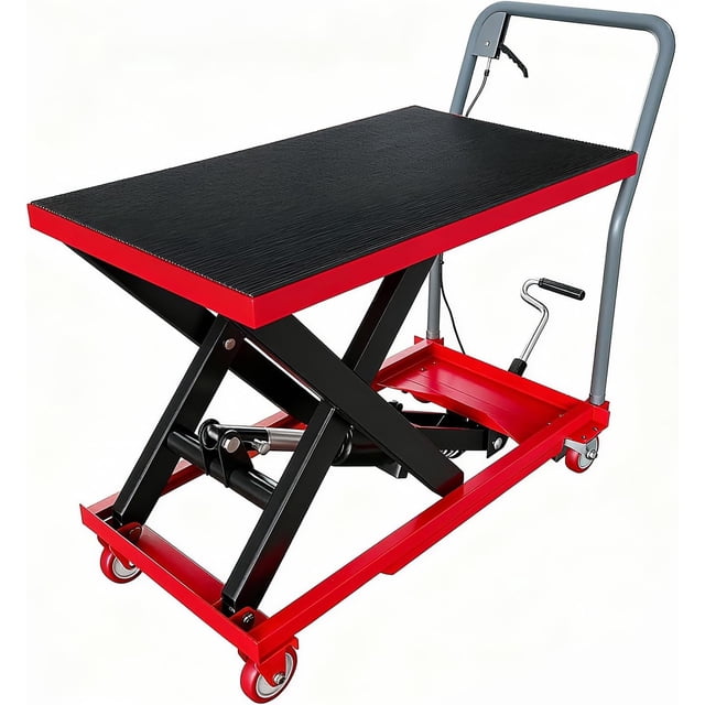 Hydraulic Lift Table Cart 500 lbs Capacity 28.5 In Single Scissor Lift Table with Non-Slip Pad and Locking Wheels for Material Handling Red