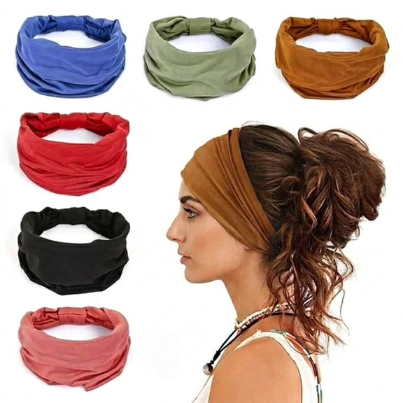 6 Pack Wide Headbands for Women Non Slip Soft Elastic Hair Bands Yoga Running Sports Workout Gym Head Wraps, Knotted Cotton Cloth African Turbans Bandana