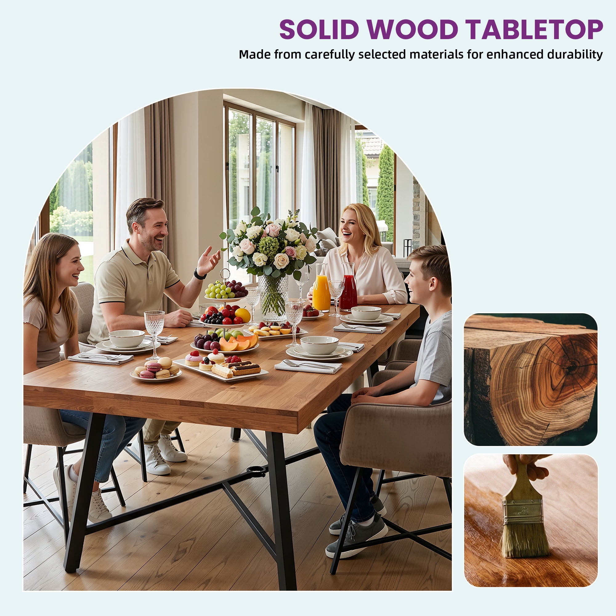Uforic 68.9" Acacia Wood Dining Table, Rustic Rectangular Table with Metal Legs, 6-Seater Heavy Duty Indoor & Outdoor Table for Patio, Backyard and Dining Room, 500 LBS Max Load