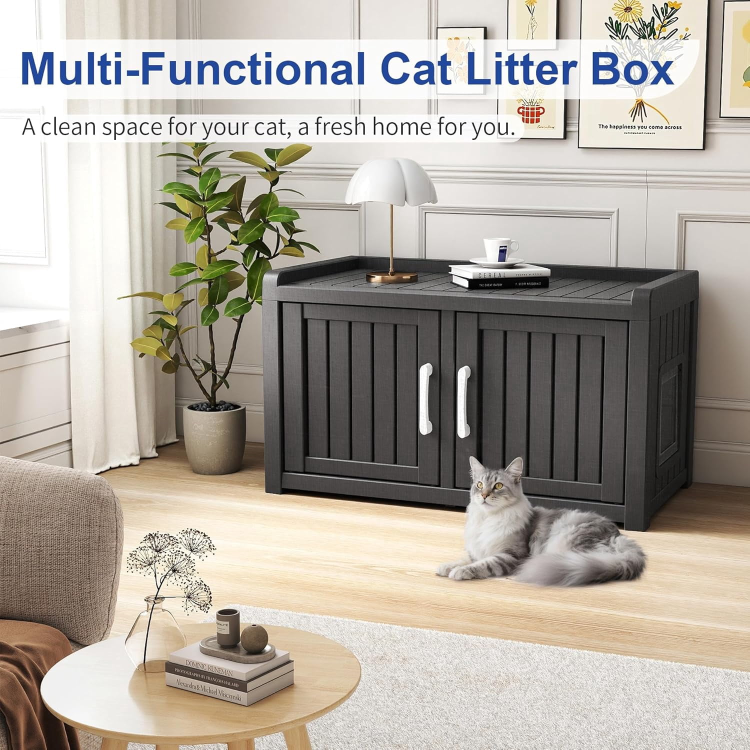LEHOME Cat Litter Box, Resin Weatherproof Enclosed Litter Box with Dual-Door Design, Hidden Furniture for Indoor Home Use
