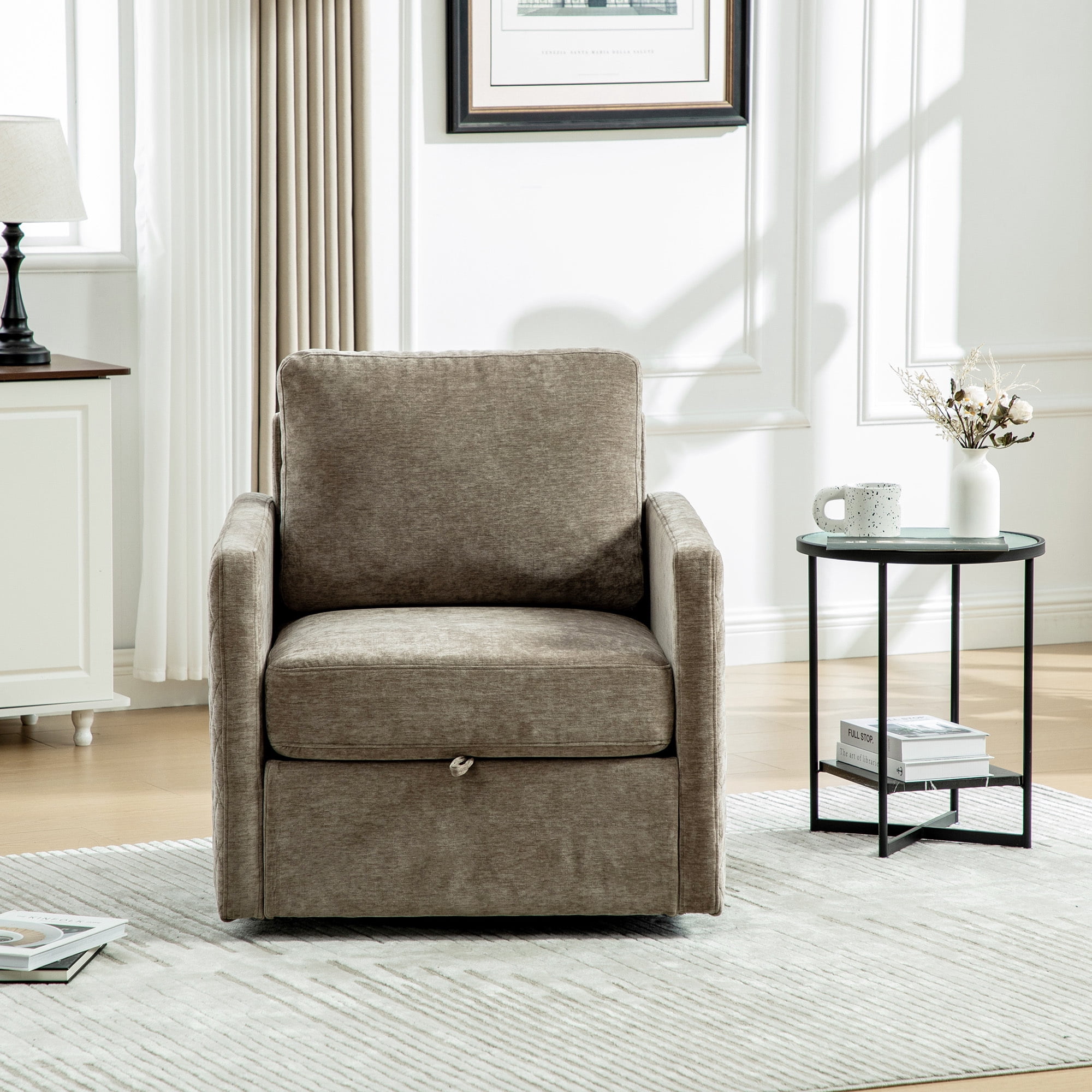 Leumius 360° Swivel Armchair with Hidden Storage, Comfy Diamond-Shape Tufted Armrests Accent Square Club Chair Single Sofa with Pillow for Living Room Bedroom Reading Nook Taupe