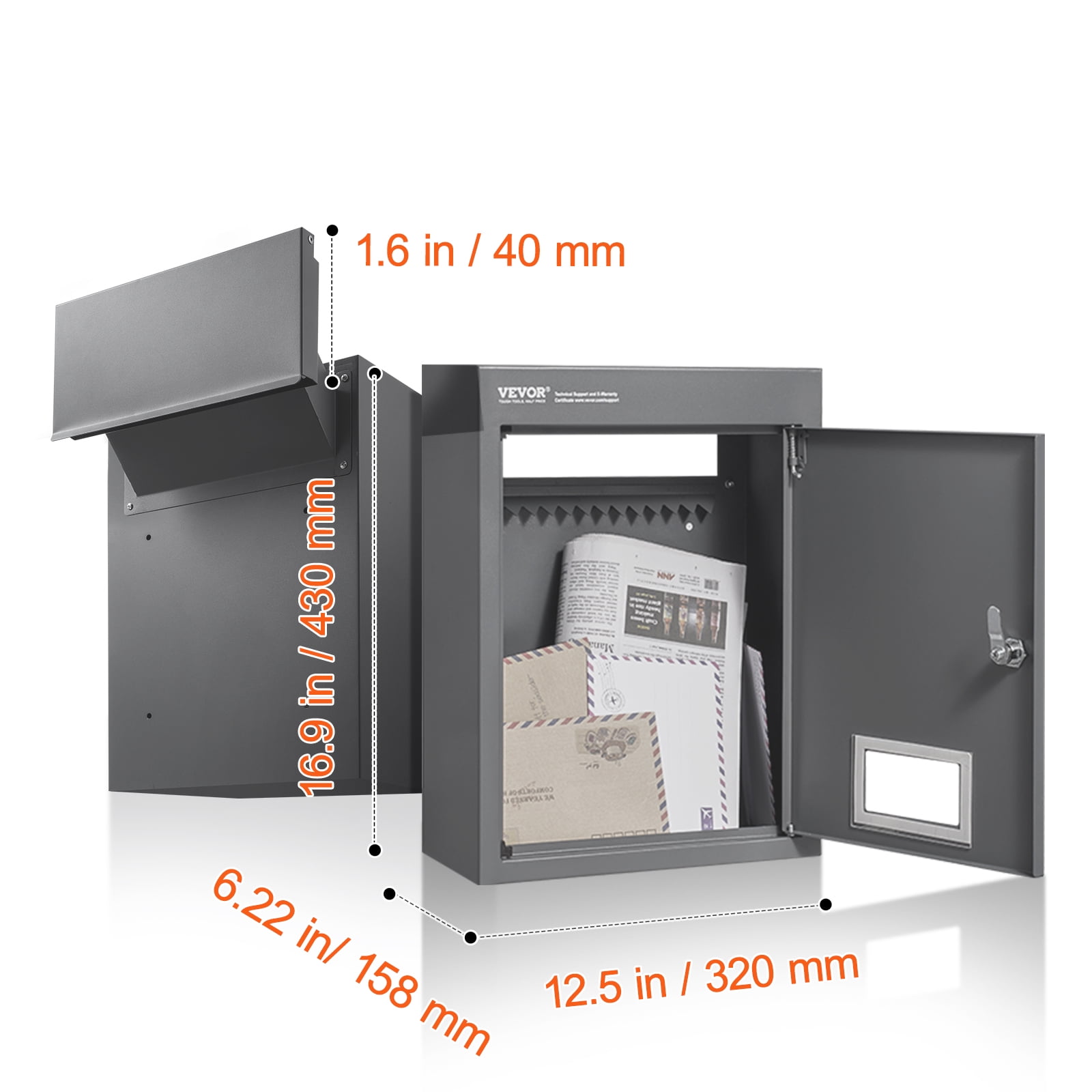 VEVOR Through The Wall Drop Box, Heavy Duty Steel Through The Wall Mailbox with 2.8-7.9" 13" Combination Lock, 12.5x6.3x16.9 Mail Drop Box, Dark Gray