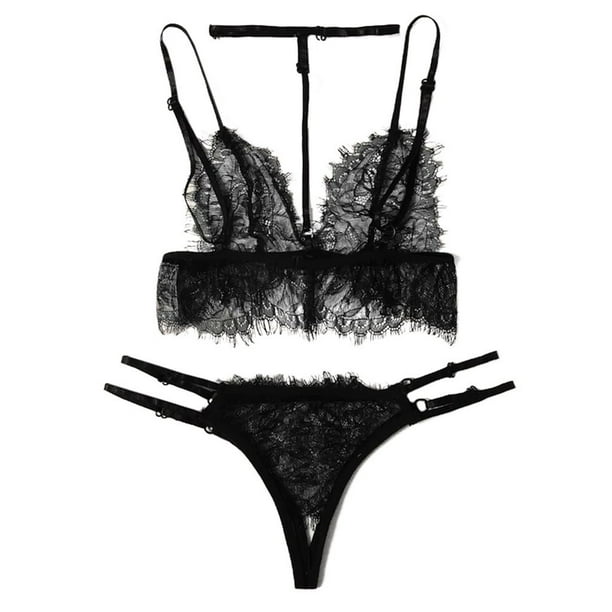 Gibobby Lenceria para mujer sexy Día de San Valentín Tanga S-2XL Halter Mujeres Conjunto floral Sujetador con cuello en V Negro abierta Encaje Lencería Íntimos(Negro, XL)
