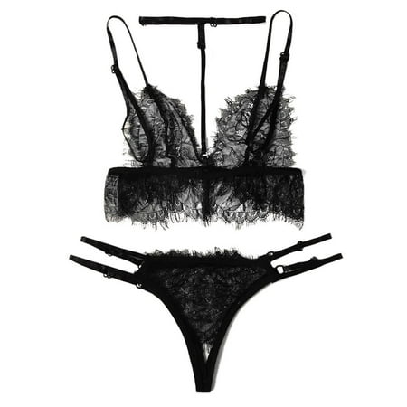 

Knosfe Women Lingerie for Sexy Eyelash Crotchless Halter Bodysuit Lace Babydoll Black XL