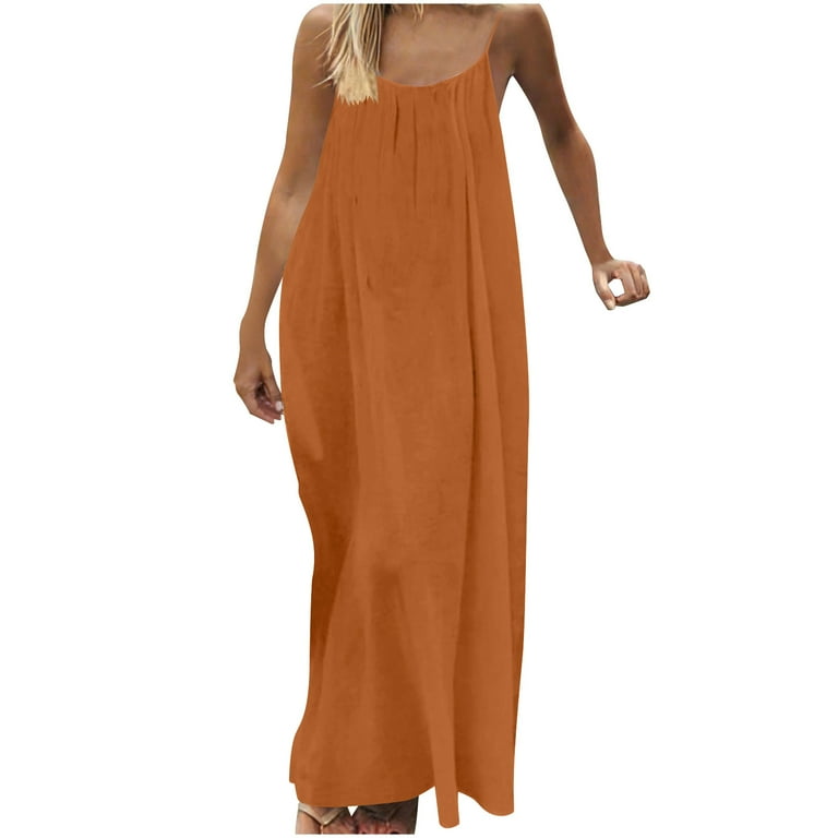 QIUOMBBP Womens Backless Cami Dress Loose Crew Neck Solid Spaghetti Strap  Dresses Summer Cool Breathable Long Nightdress Orange L
