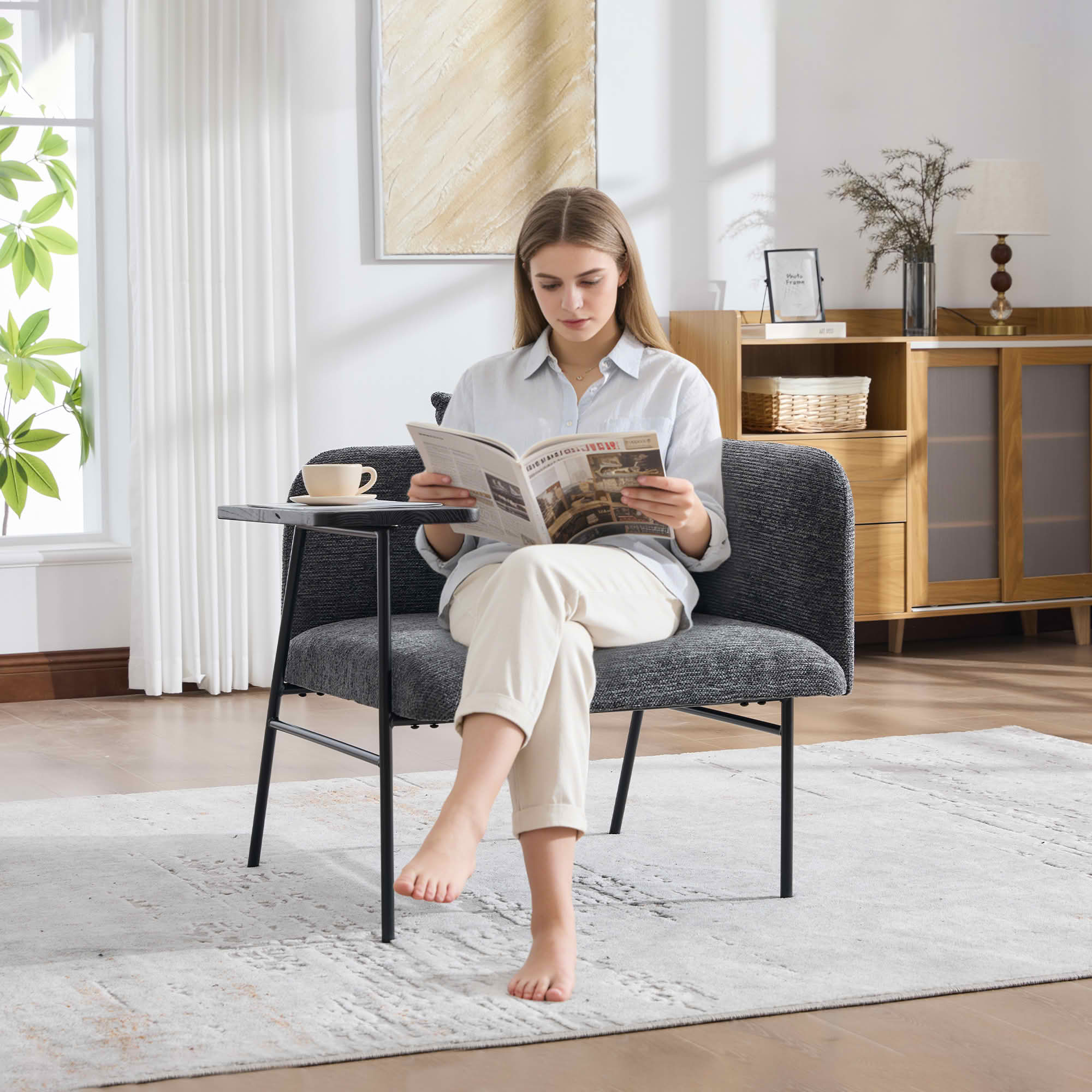 MAYEERTY Leisure Lounge Chair with Side Table & Back Pillow, Armchair, Dark Gray, Living Room Bedroom