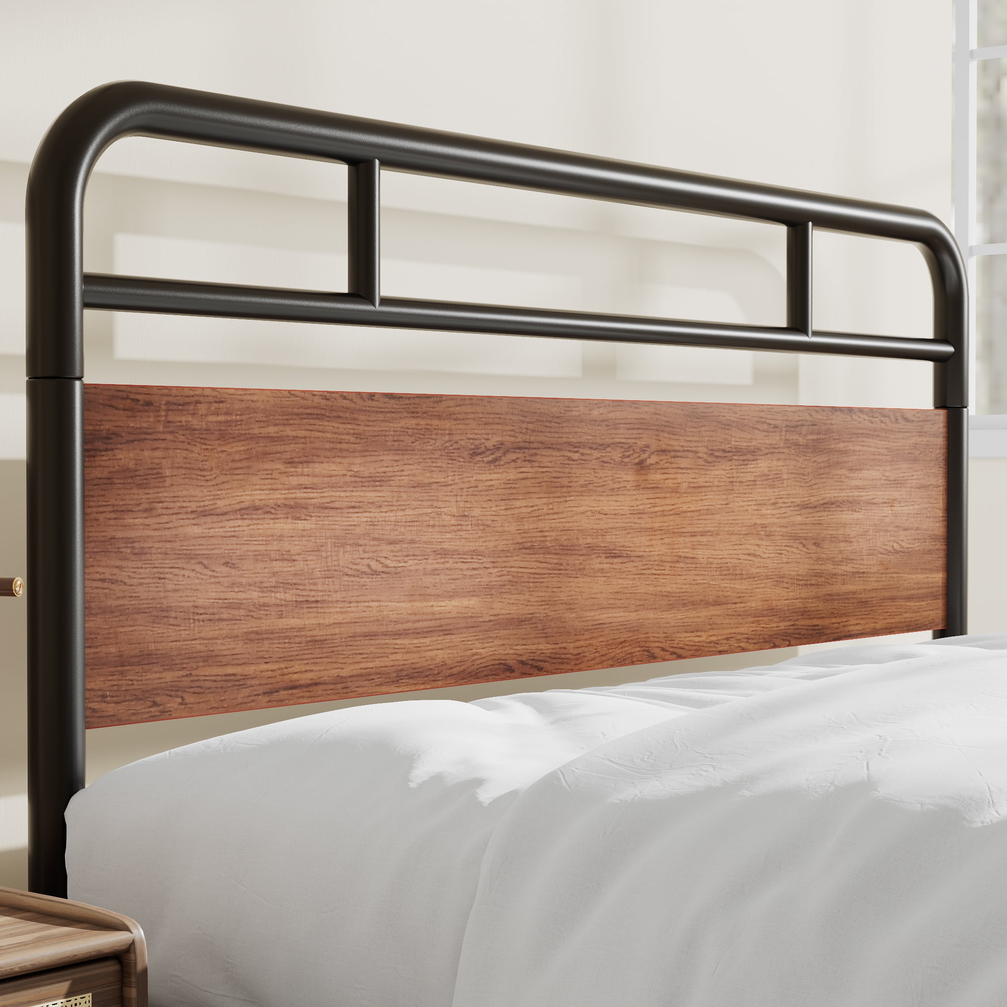 Sha Cerlin Light Brown Full Size Metal Platform Bed Frame with Industrial Heavy Duty Wooden Headboard
