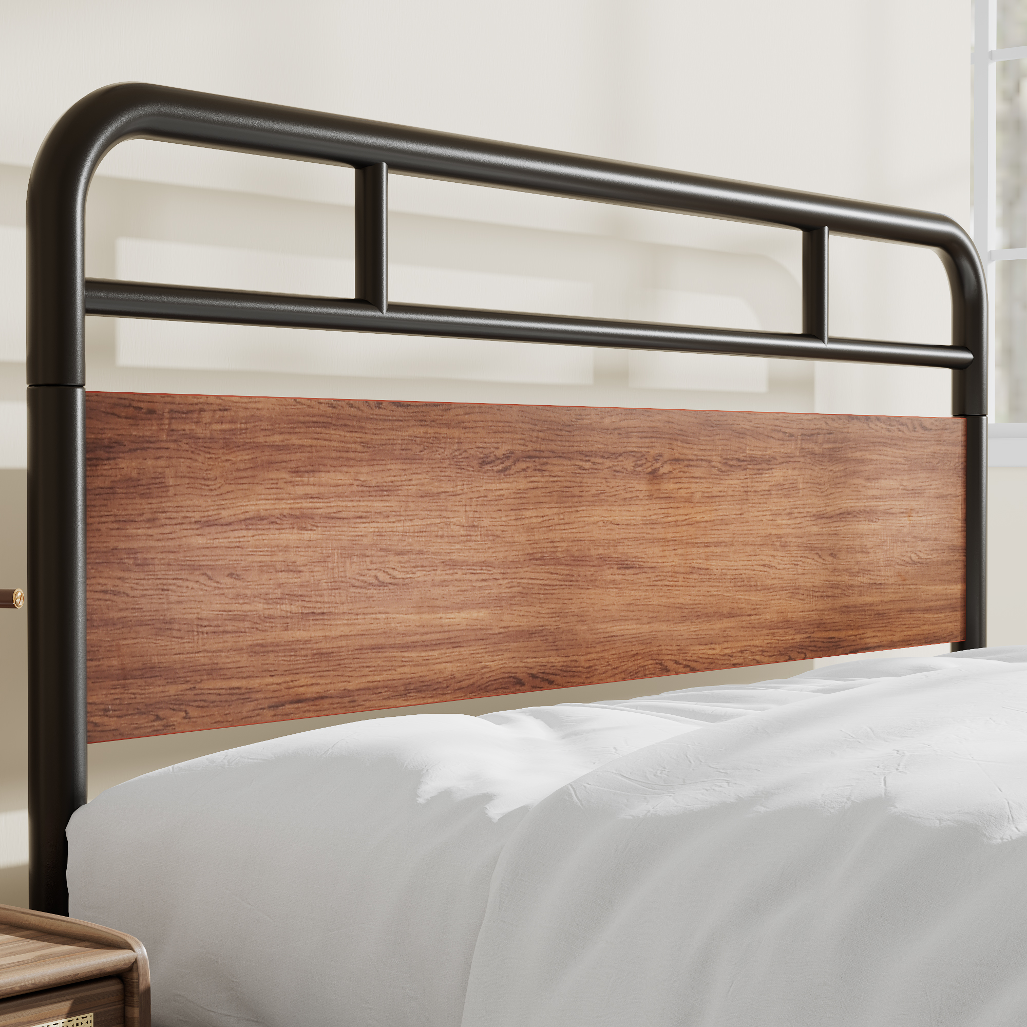 Sha Cerlin Light Brown Queen Size Metal Platform Bed Frame with Industrial Heavy Duty Wooden Headboard - image 2 of 10