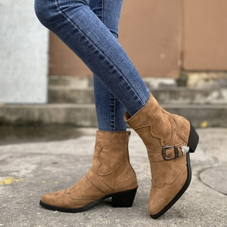 

Fall Outdoor Decorations VEKDONE Women s Shoes Fashion Pointed Thick Heel Low-barrel Buckle Retro Sewing Thread Boots