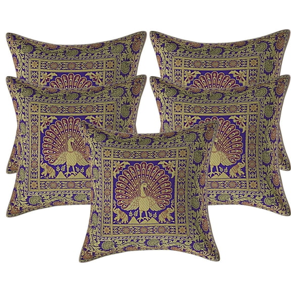 Stylo Culture Ethnic Bohemian Brocade Purple And Gold Throw Pillow Covers 16x16 Jacquard Weave Banarsi Boho Pillow Covers Dancing Peacock Floral 40x40 cm Decorative Cushion Covers (Set Of 5)