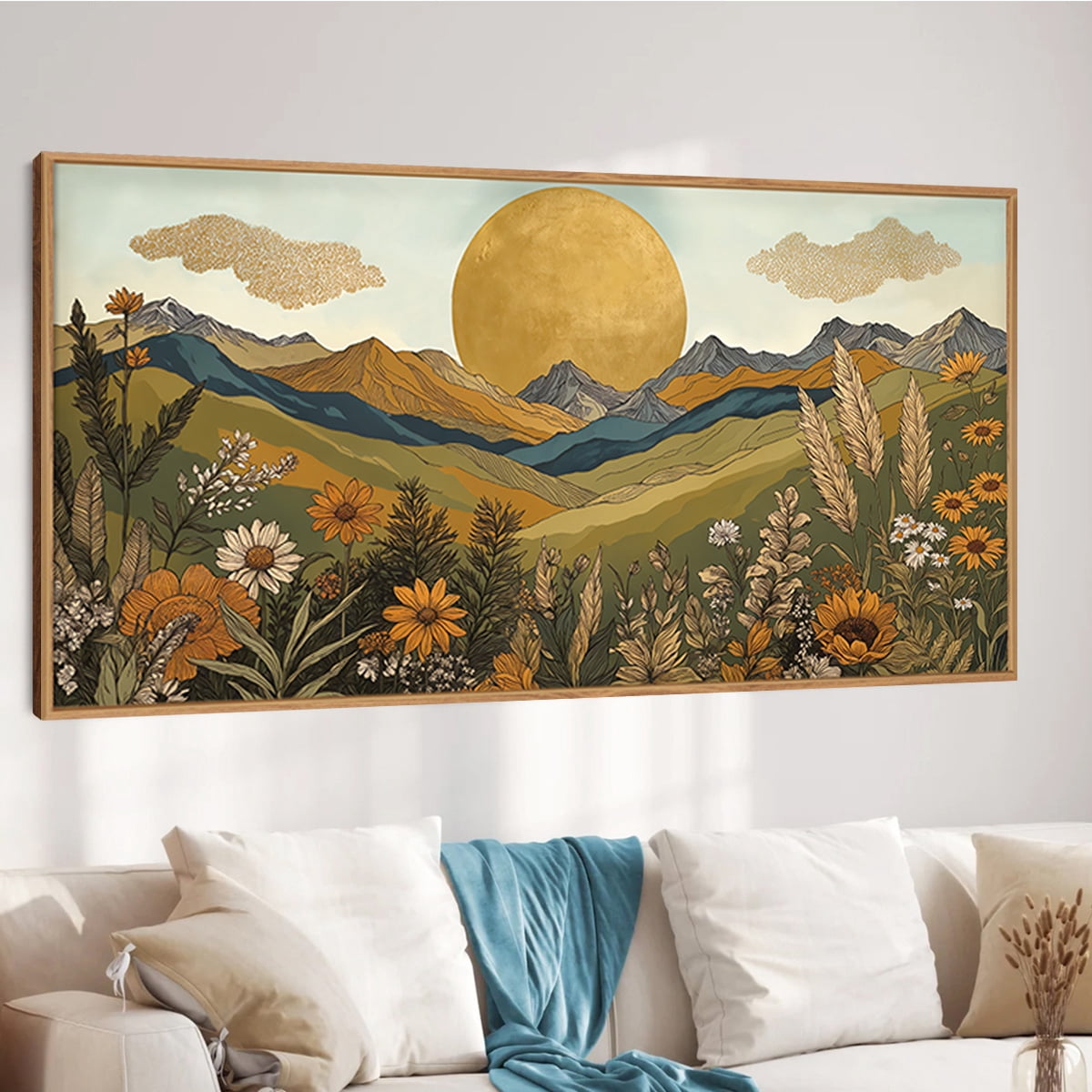 TOARTi Boho Mountain Wall Art Nature Landscape Wall Decor Framed Sun and Flowers Canvas Print for Living Room Bedroom Office 20X40 In