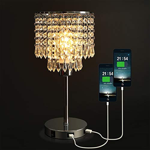 Silver Crystal Bedside Table Lamp With, Bedside Table Lamp With Usb Charging Port