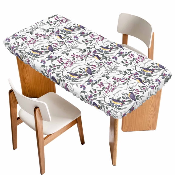 Spring Botanical Birds Table Cloths for 4 Foot Rectangle Tables, Garden Floral Twigs Farmhouse Patio Waterproof Elastic Fitted Tablecloths, Washable Rectangular Table Cover for Camping