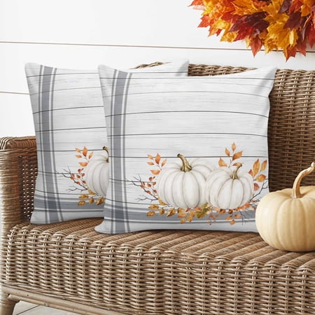 Thanksgiving Fall Pillow Covers 2 Pack Rustic White Pumpkin Leaf Plaid Line Wood Grain Pillowcase Waterproof Outdoor Throw Pillow Cover for Patio Garden Balcony Decorative Square Cushion 18 x18