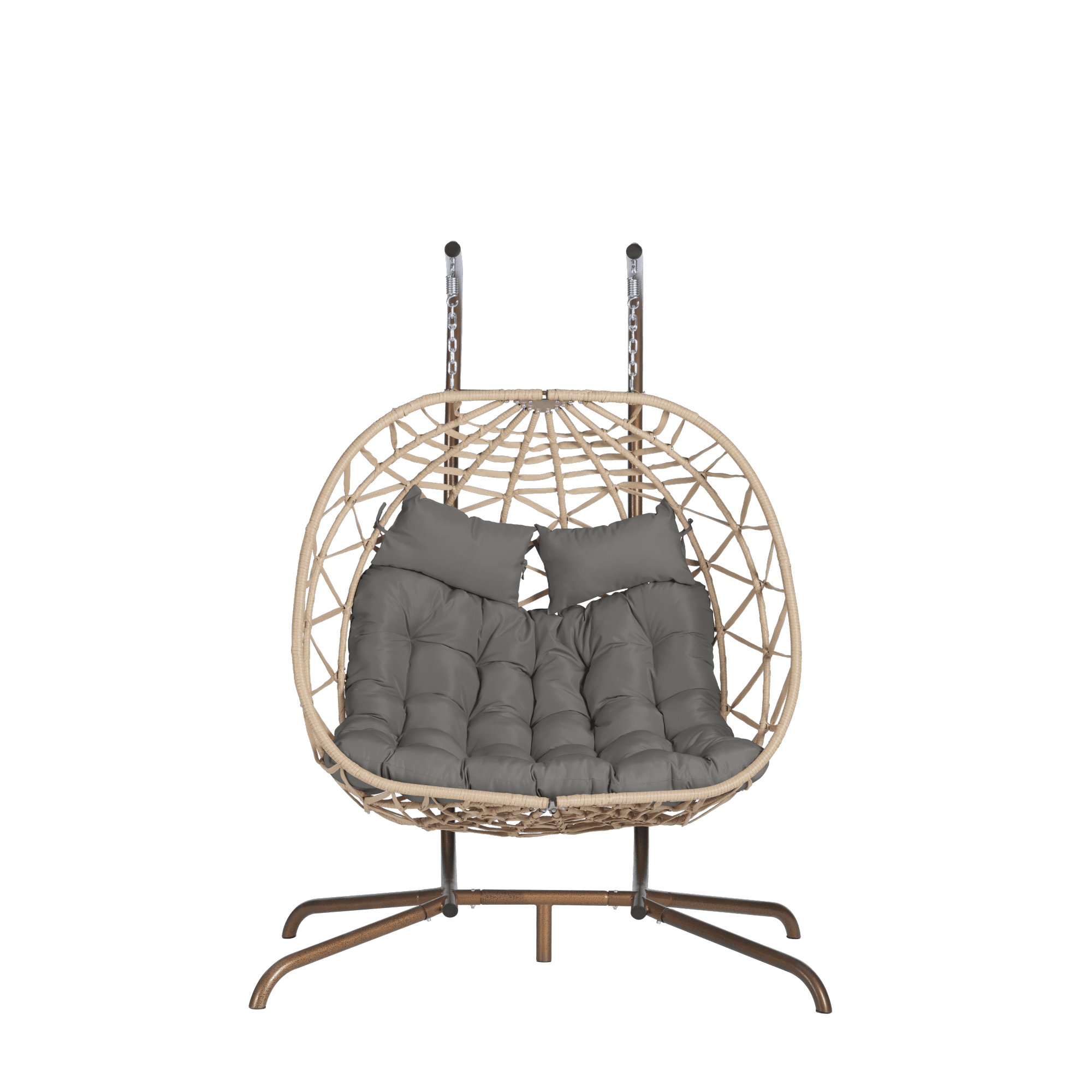 Leumius Double Egg Chair with Stand,Indoor Outdoor Wicker Swing Egg Hanging Chair with UV Resistant Cushions for Patio,Balcony,Porch,600 lbs,Natural+Dark Gray