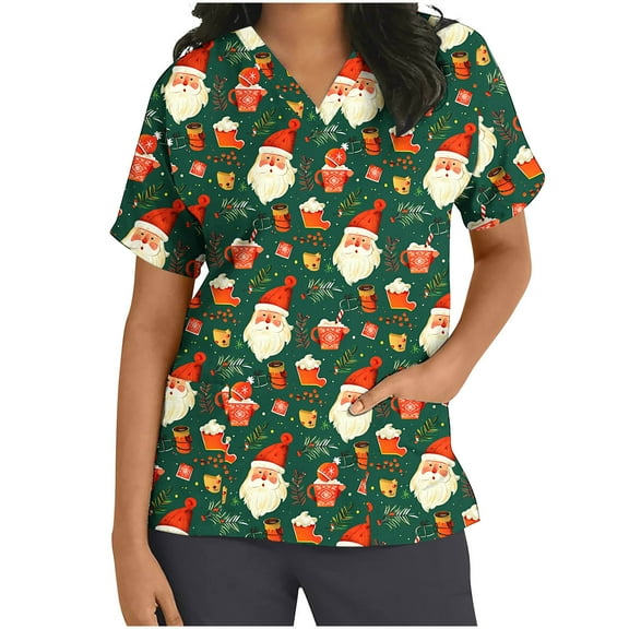 Xfvqtps Christmas Scrub Tops for Women Soft V-Neck Scrubs Comfortable Nursing Uniforms Christmas Printed Short Sleeve Top Protective Clothing Working Uniforms with Pockets Red