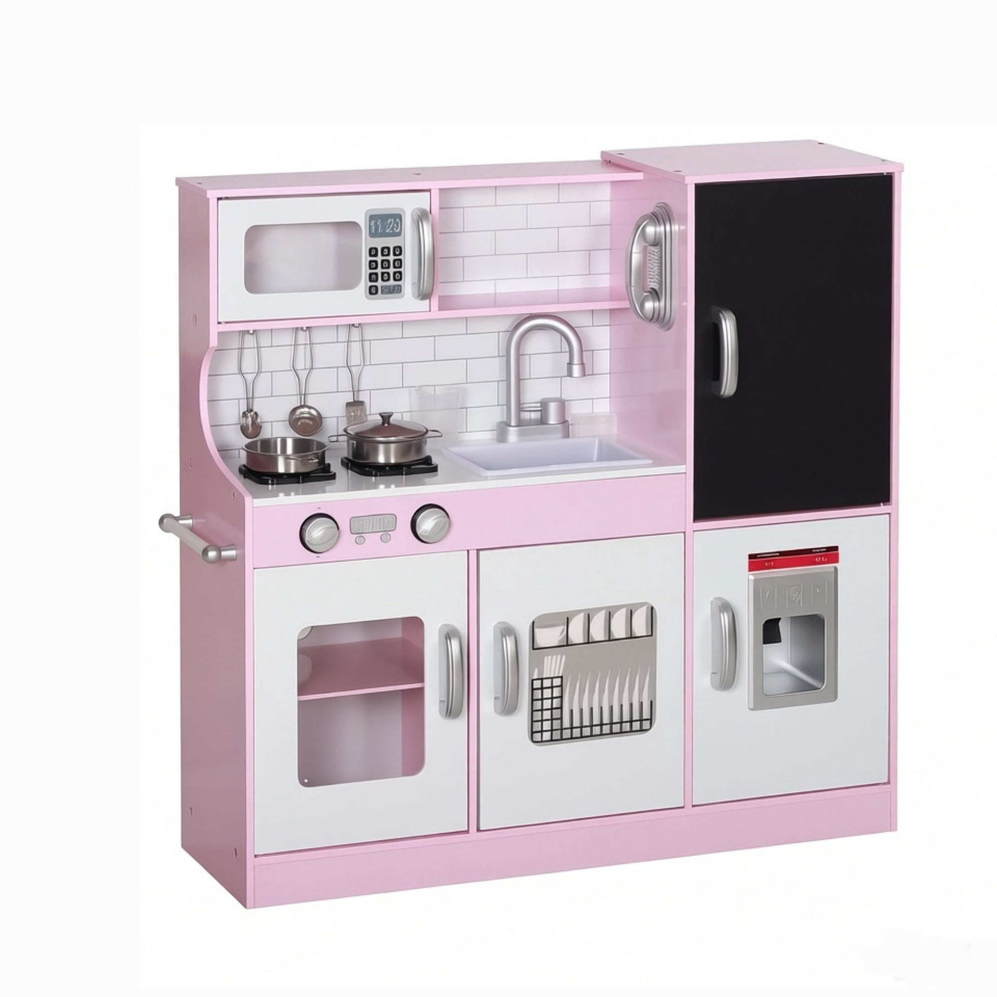 Pretend Play, Kids Kitchen Playset with Play Phone, Chalkboard, Towel Rack & Ice Maker, Pink