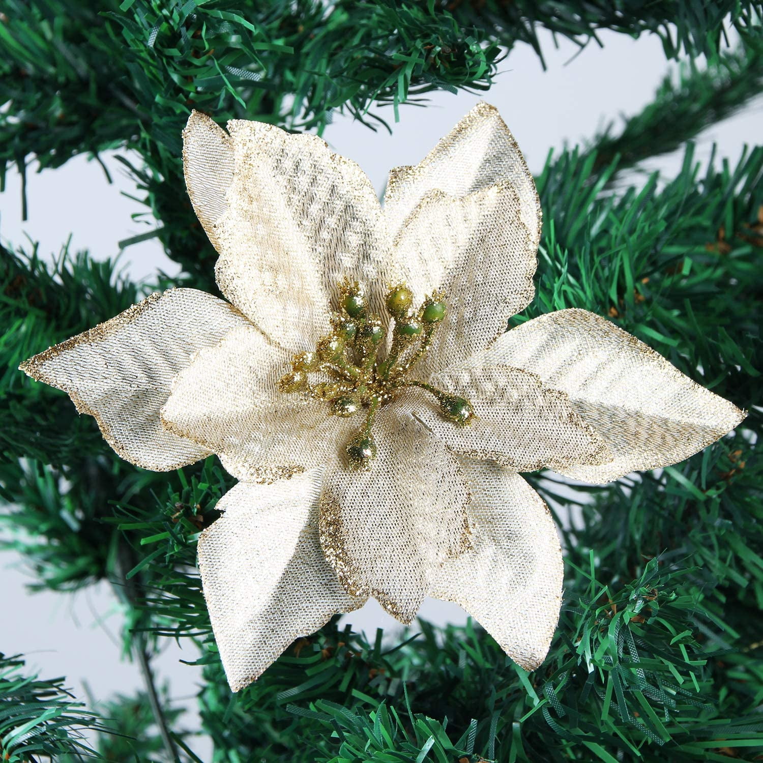 12 Pcs Christmas Poinsettia Christmas Tree Flowers Glitter Faux Flowers Decoration Artificial Poinsettia Ornaments - Gold