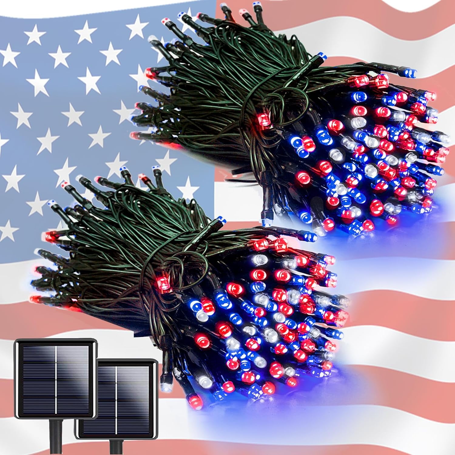 D.FAMILY 2 Pack 65FT Solar String Lights, 200 LED Patriotic Outdoor Waterproof Lighting