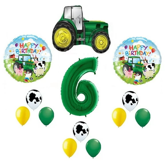 Farm Tractor 13 Piece #6 6th Green Yellow Happy Birthday Balloon Bouquet Party Decoration