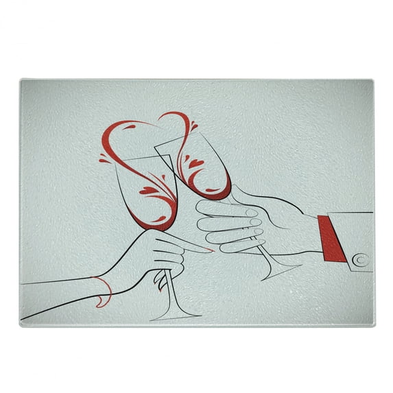 Engagement Party Cutting Board, Couple Clinking Flute Glass of Wine Forming Heart Shape Splash, Decorative Tempered Glass Cutting and Serving Board, Small Size, Scarlet and Pale Grey, by Ambesonne