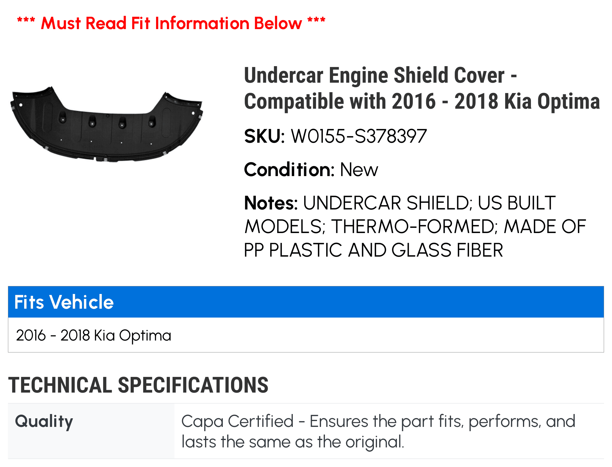 GENUINE Engine Under Cover for 2016 2018 2018 Kia Optima 29110D4000