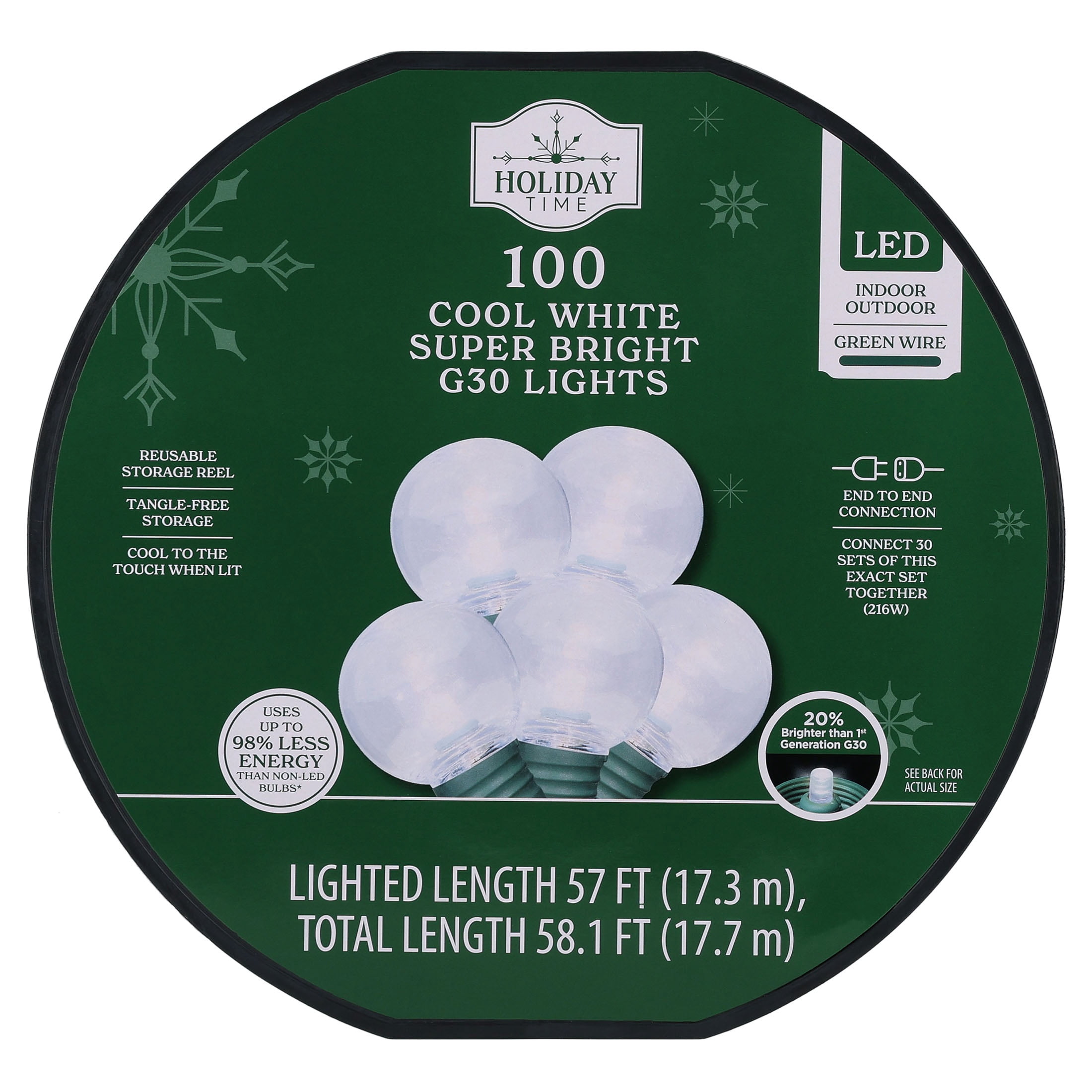 Indoor/Outdoor 100-Count LED Super Bright G30 Christmas String Lights, Cool White, Green Wire, 57', by Holiday Time