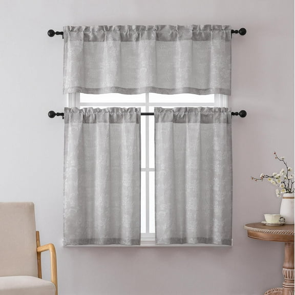 Kate Aurora 3 Piece Rod Pocket Orly Jacquard Floral Kitchen Curtain Tier & Valance Set - Assorted Colors