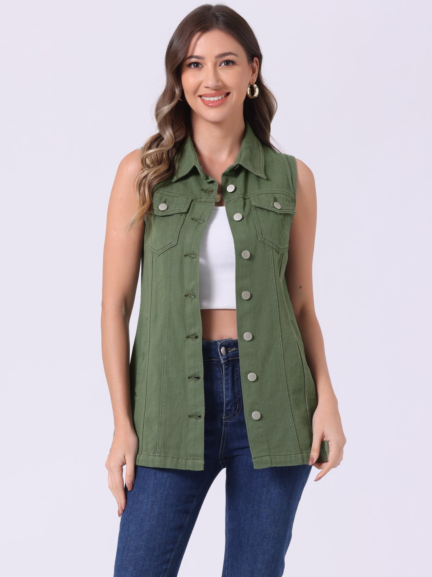 DARING DIVA Women's Button Down Sleeveless Pockets Mid-Long Denim Vest S Army Green