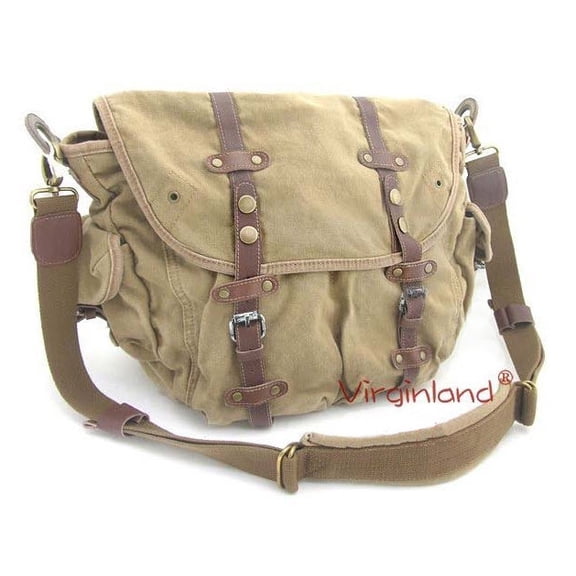 Virginland "Scooter" Vintage Canvas Messenger Bag with Leather Straps - Khaki Tan